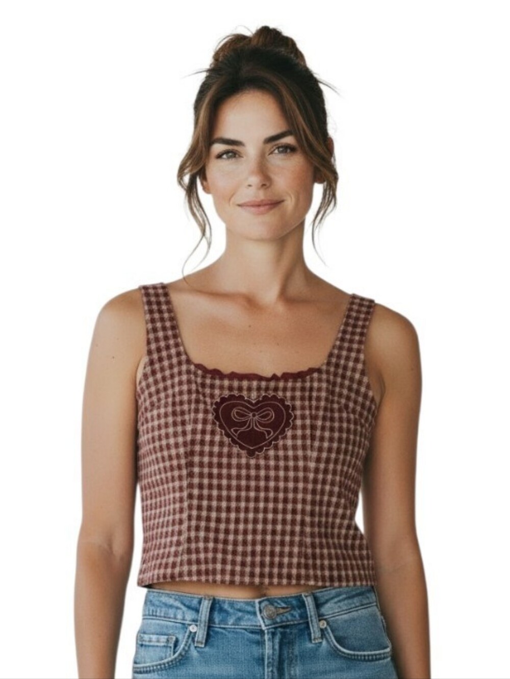 Cider Burgundy Tan Plaid Cropped Lined Corset Velvet Heart Lace Detail sz Large